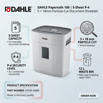 DAHLE PaperSAFE 100 5-Sheet P-4 5 × 18mm Particle-Cut Document Shredder