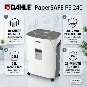 DAHLE PaperSAFE PS 240 10-Sheet P-4 4 × 12mm Particle-Cut Document Shredder