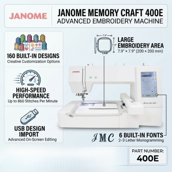 Janome Memory Craft 400E MC400E 860 SPM 160 Designs 6 Fonts Monogram USB Embroidery Machine