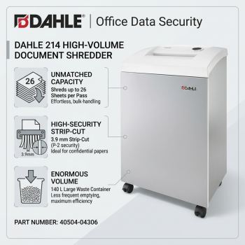 DAHLE 214 26-Sheet 140L High-Volume Strip-Cut Document Shredder