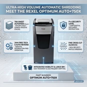 Rexel Optimum Auto+750X 750 Sheet 80 gsm P-4 Jam-Free Auto Reverse Function Cross Cut Shredder