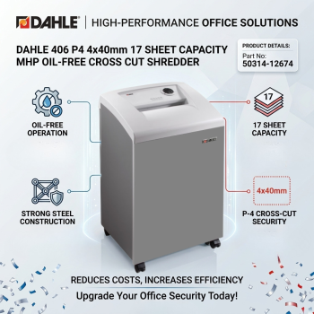 Dahle 406 P4 4x40mm 17 Sheet Capacity MHP Oil-Free Cross Cut Shredder