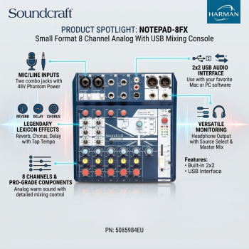 Soundcraft Notepad 8FX Small Format 8 Channel Analog With USB Mixing Console 