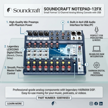 Soundcraft Notepad 12FX Small Format 12 Channel Analog Mixing Console with USB