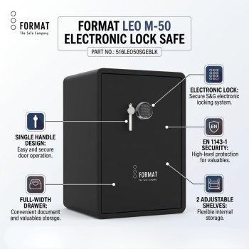 FORMAT LEO M-50 Electronic Lock With 2 Shelves & Full-Width Drawer Single Handle Black Safe