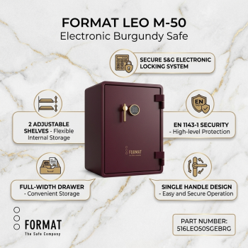 FORMAT LEO M-50 Electronic Lock With 2 Shelves & Full-Width Drawer Single Handle Burgundy Safe