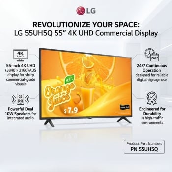 LG 55UH5Q 55” 4K UHD Commercial Display ADS Technology, Dual 10W Speakers, 24/7 Digital Signage 