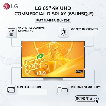 LG 65UH5Q-E 65” 4K UHD Commercial Display 500 nits Slim Bezel Signage Monitor