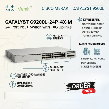Cisco Meraki C9200L-24P-4X-M Catalyst 9200L 24-Port PoE+ Switch with 10G Uplinks 