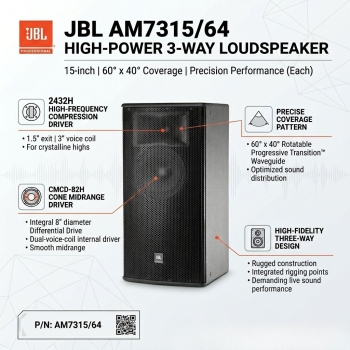 JBL AM7315/64 15" High-Power 3-Way Loudspeaker with 60° x 40° Horn (Each)