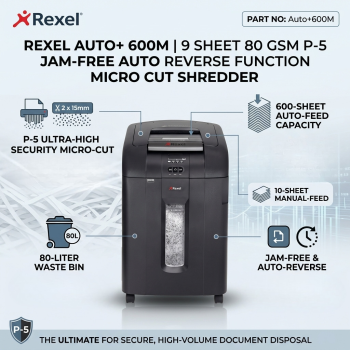 Rexel Auto+600M 9 Sheet 80 gsm P-5 Jam-Free Auto Reverse Function Micro Cut Shredder