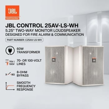 JBL Control 25AV-LS-WH 5.25" Tow Way Monitor for Fire Alarm/Communication Loudspeaker - White (Each)