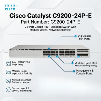 Cisco Catalyst C9200-24P-E 24-Port Gigabit PoE+ Managed Switch with Modular Uplink, Network Essentials