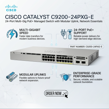 Cisco Catalyst C9200-24PXG-E 24-Port Multi-Gig PoE+ Managed Switch with Modular Uplink, Network Essentials