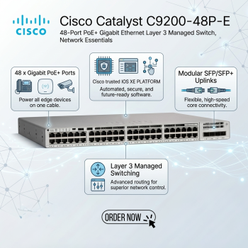 Cisco Catalyst C9200-48P-E 48-Port PoE+ Gigabit Ethernet Layer 3 Managed Switch, Network Essentials