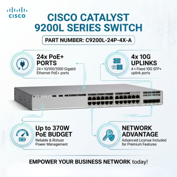Cisco Catalyst C9200L-24P-4X-A 24-Port Layer 3 Managed PoE+ Network Switch with 4x10G SFP+ Uplinks