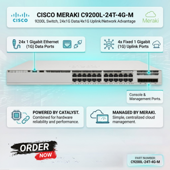 Cisco Meraki C9200L-24T-4G-M, 9200L Switch, 24x1G Data/4x1G Uplink/Network Advantage