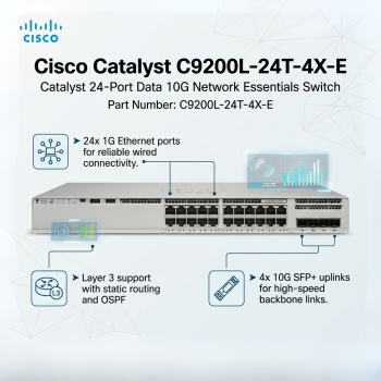 Cisco C9200L-24T-4X-E Catalyst 24-Port Data 10G Network Essentials Switch