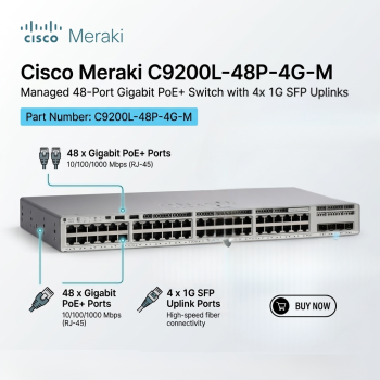 Cisco Meraki C9200L-48P-4G-M  Managed 48-Port Gigabit PoE+ Switch with 4x 1G SFP Uplinks