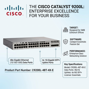Cisco Catalyst  C9200L-48T-4X-E 9200L 48-Port Uplink Essentials Switch