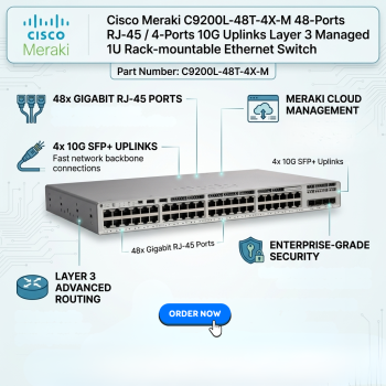 Cisco Meraki C9200L-48T-4X-M 48-Ports RJ-45 / 4-Ports 10G Uplinks Layer 3 Managed 1U Rack-mountable Ethernet Switch