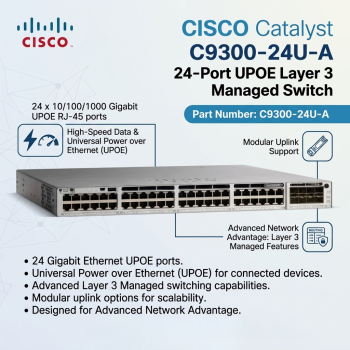 Cisco Catalyst C9300-24U-A 24-Port UPOE Layer 3 Managed Switch with Modular Uplink & Advanced Network Advantage