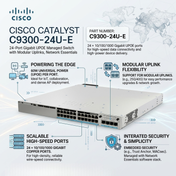 Cisco Catalyst C9300-24U-E 24-Port Gigabit UPOE Managed Switch with Modular Uplinks, Network Essentials