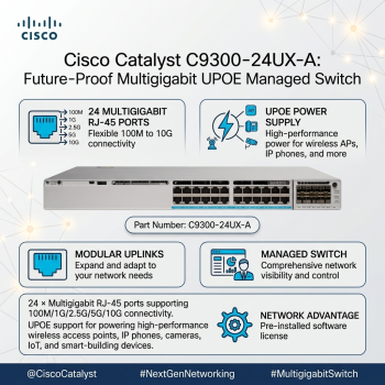 Cisco Catalyst C9300-24UX-A 24-Port 10G Multigigabit UPOE Managed Switch with Modular Uplinks, Network Advantage
