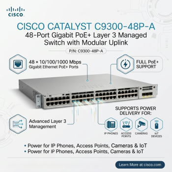 Cisco Catalyst C9300-48P-A 48-Port Gigabit PoE+ Layer 3 Managed Switch with Modular Uplink