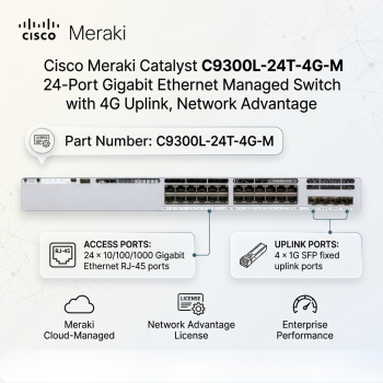 Cisco Meraki  Catalyst C9300L-24T-4G-M 24-Port Gigabit Ethernet Managed Switch with 4G Uplink, Network Advantage