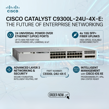 Cisco C9300L-24U-4X-E Catalyst 24-Port UPOE Managed Switch with 4×10G SFP+ Fiber Uplinks