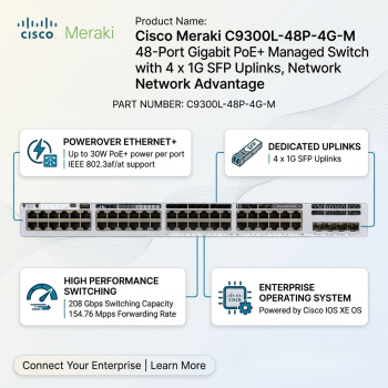 Cisco Meraki  C9300L-48P-4G-M 48-Port Gigabit PoE+ Managed Switch with 4 x 1G SFP Uplinks, Network Advantage