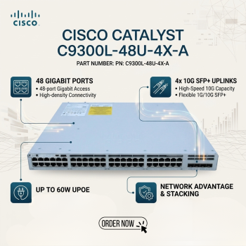 Cisco Catalyst C9300L-48U-4X-A 48-Port Gigabit UPOE Enterprise Switch with 4×10G SFP+ Uplinks, Network Advantage