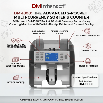DMInteract DM-1000 2 Pocket 20 Multi Currency Sorter Money Counting Machine With Built-In Receipt Printer and External Display
