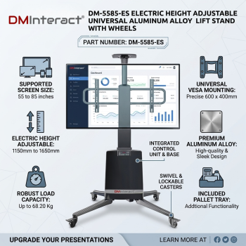 DMInteract DM-5585-ES Electric Height Adjustable Universal Aluminum Alloy Electric Lift Stand With Wheels (Supported Screen Size: 55 to 85 inches)