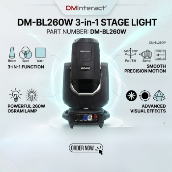 DMInteract DM-BL260W 3 in 1 260W DMX 17 Channels and 0–20° Linear Zoom Beam Stage Light