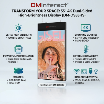 DMInteract 55inch 4K Dual-Sided 700nits High-Brightness Ceiling Mount Digital Signage Display - (2GB RAM, 16GB ROM, Android 11 OS)