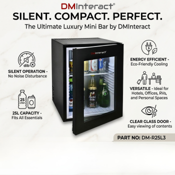 DMInteract DM-R25L3 25 Liters Absorption Cooling Electric Portable With Glass Door Mini Bar Refrigerator