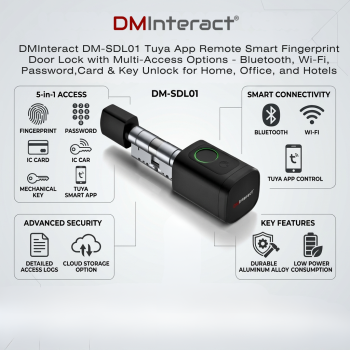 DMInteract DM-SDL01 Tuya App Remote Smart Fingerprint Door Lock with Multi-Access Options - Bluetooth, Wi-Fi, Password, Card & Key Unlock for Home, Office, and Hotels