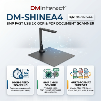 DMInteract DM-ShineA4 8MP Fast USB 2.0 OCR & PDF Support Document Scanner