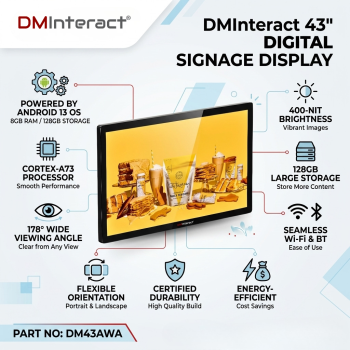 DMInteract 43" Full HD Resolution LED Digital Signage Display (Wi-Fi, 8GB/128GB Android 13 OS)