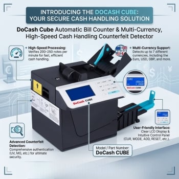 DoCash Cube Automatic Bill Counter & Multi-Currency, High-Speed Cash Handling Counterfeit Detector 
