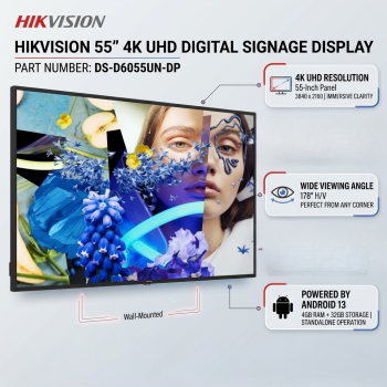 Hikvision DS-D6055UN-DP 55” 4K UHD Digital Signage Display, Android 13, 500 nits Wall-Mounted Display Panel