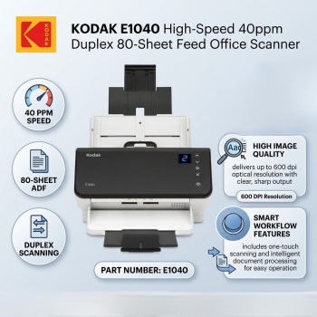 Kodak E1040 8011892 High-Speed 40ppm Duplex 80-Sheet Feed Office Scanner