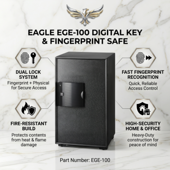 Eagle EGE‑100 Fire Resistant Digital Safe with Fingerprint, & Key Lock, 1 Tray + 2 Shelf