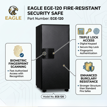 Eagle EGE‑120 Fire Resistant Digital Safe with Fingerprint, & Key Lock, 1 Tray + 2 Shelf