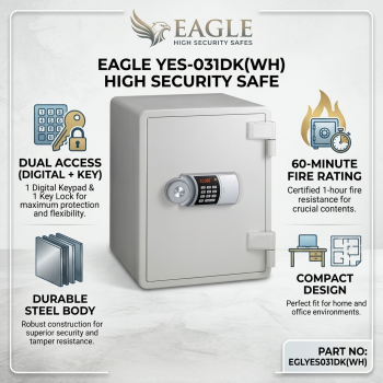 Eagle YES-031DK 40L Fire Resistant Digital Safe with Key Lock, Tray & Shelf - White