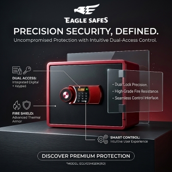 Eagle YESM-020K 20L Fire Resistant Digital Safe with Key Lock & Adjustable Tray - Red