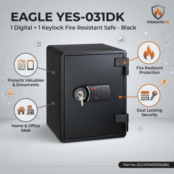Eagle YES-031DK 40L Fire Resistant Digital Safe with Key Lock, Tray & Shelf – Black