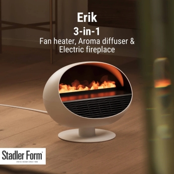 Stadler Form Erik 3-in-1 Fan Heater Realistic Fireplace Diffuses Fragrance Integrated Thermostat